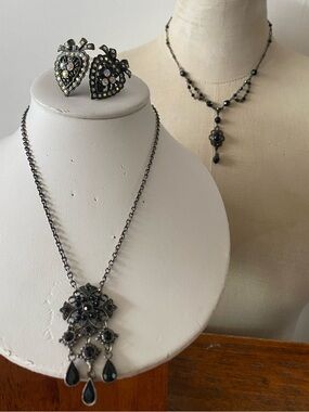 Bronze tone, costume, jewelry, Victorian / gothic style. 2 necklaces + earrings.